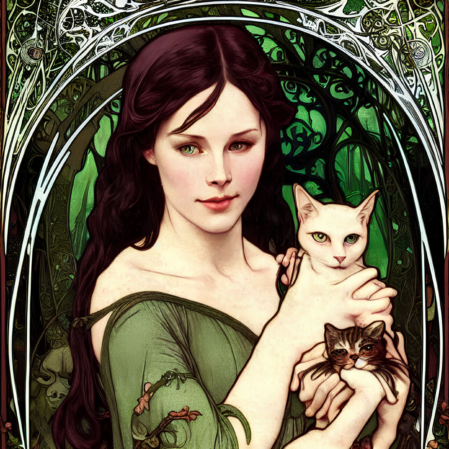 Woman in green dress with two cats against Art Nouveau backdrop