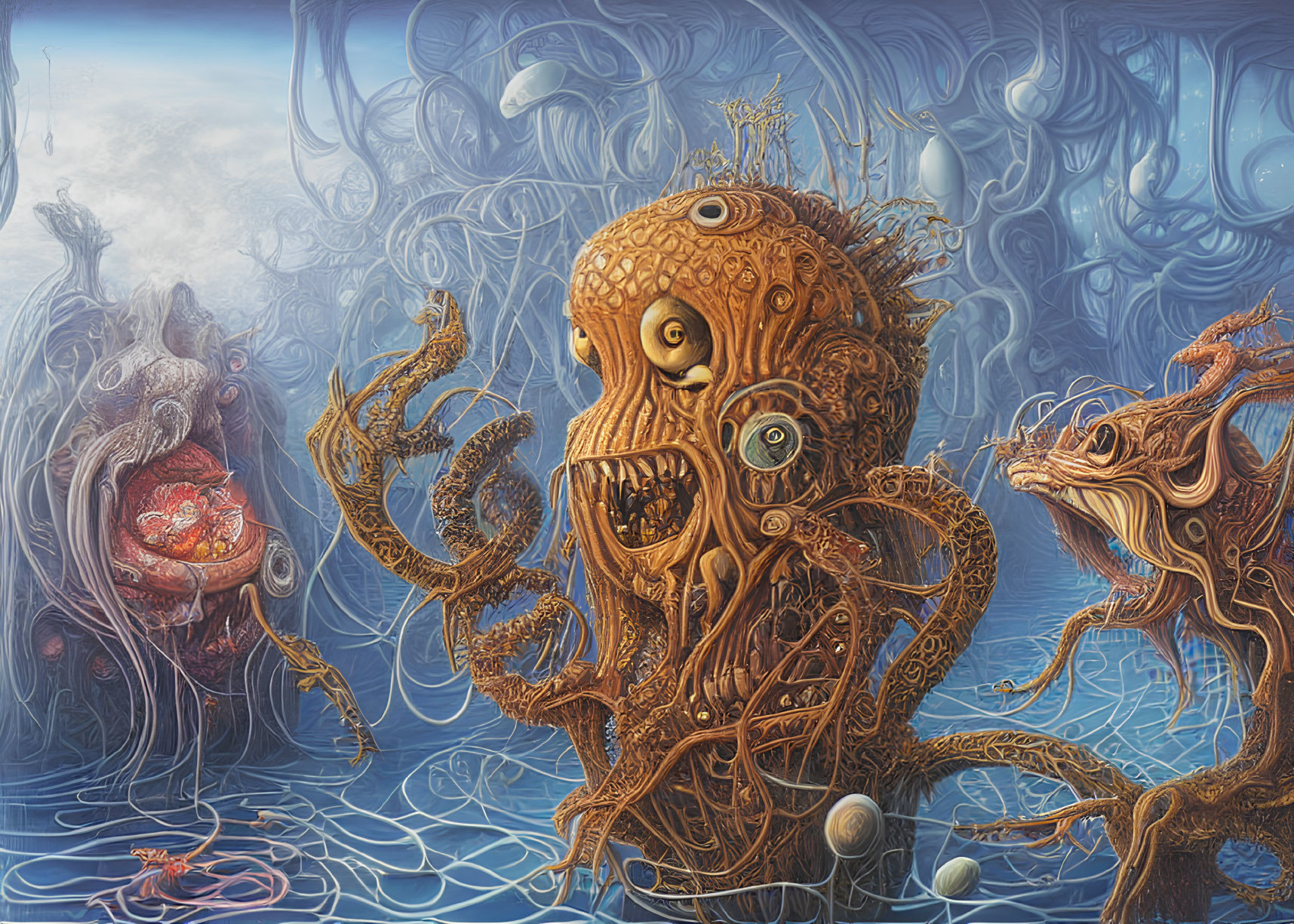 Intricate surreal art: tentacled creatures, multiple eyes, blue background.