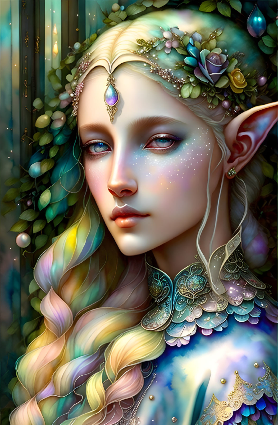 Ethereal elf illustration with intricate jewelry and multicolored braid in lush greenery.