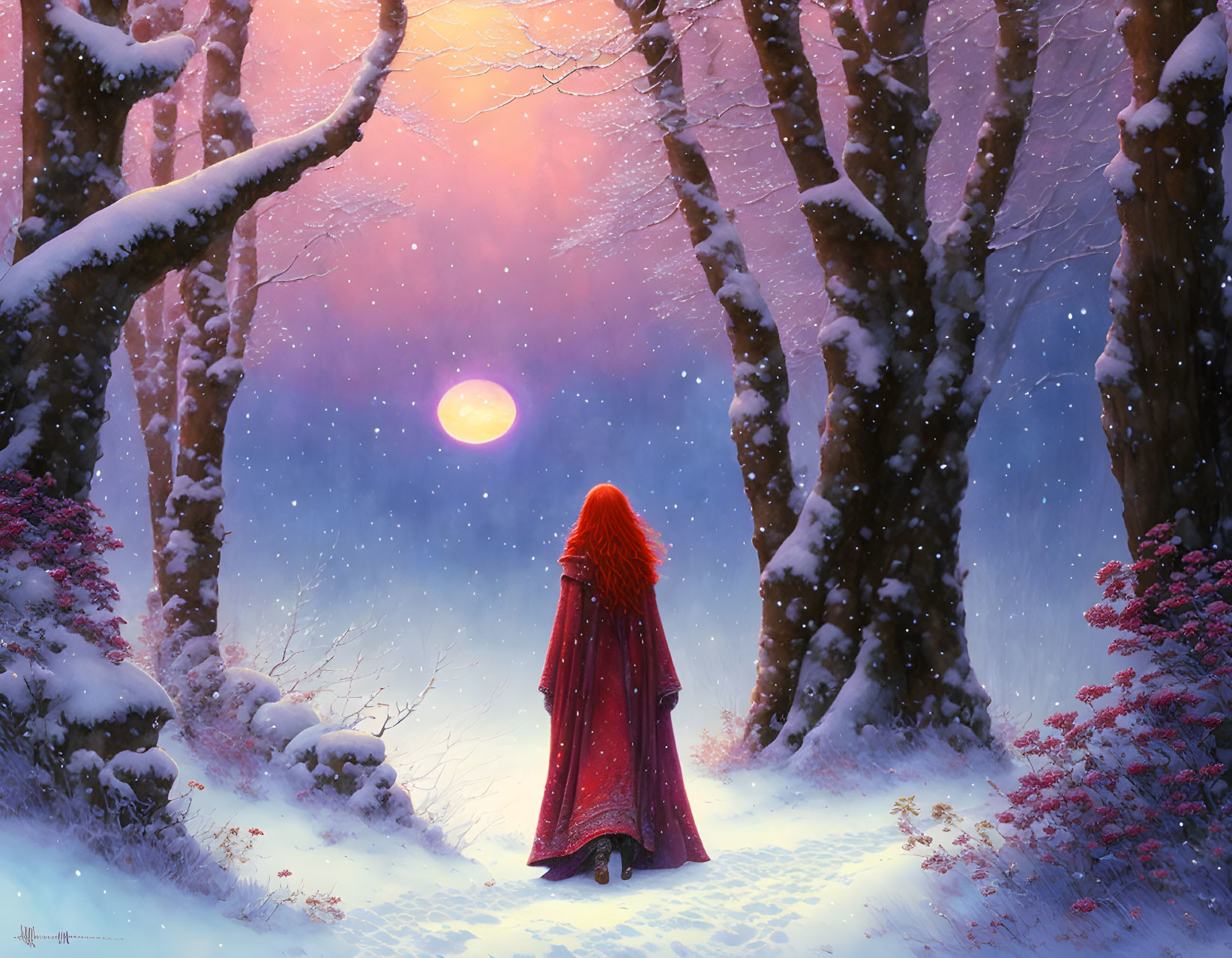 Person in red cloak gazes at snowy forest under pink and blue twilight sky.