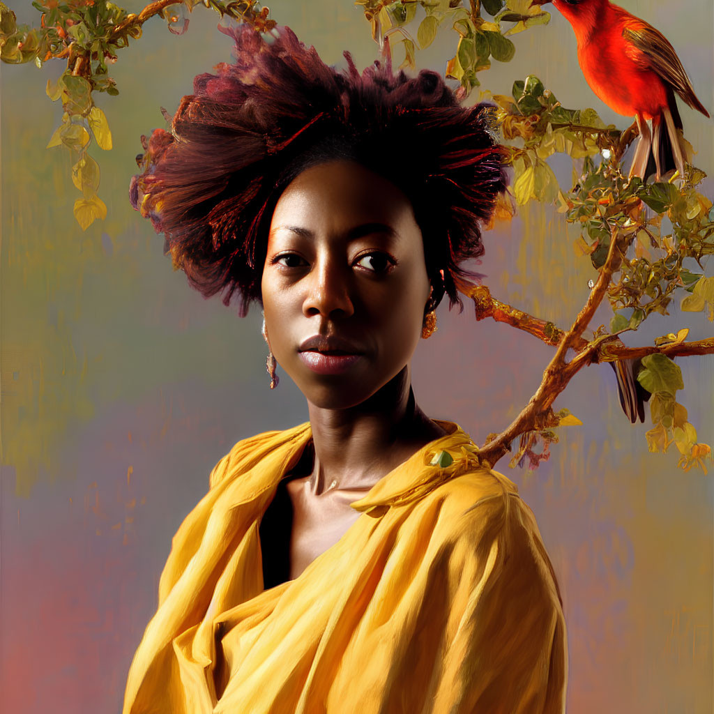 Portrait of woman with afro, twigs, leaves, yellow scarf, and red bird on branch