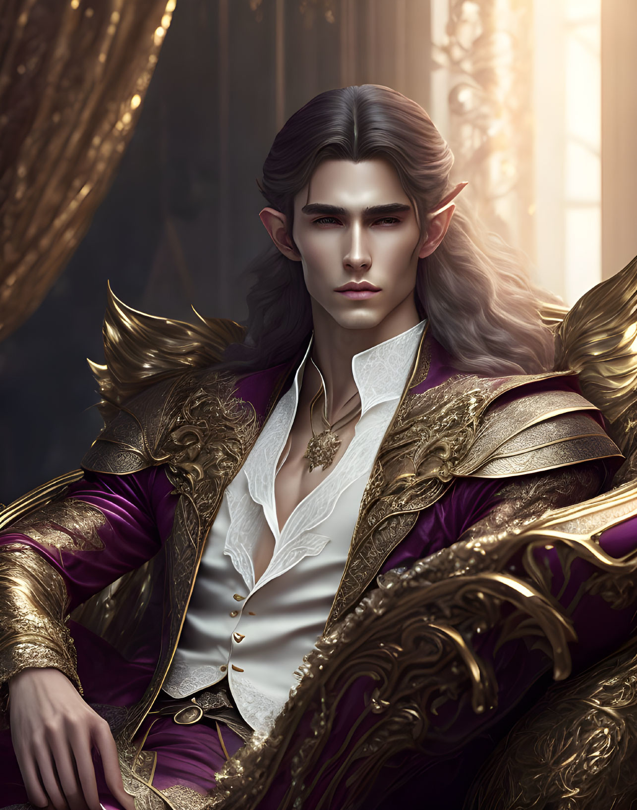 Fantasy character in gold and purple outfit on throne with sunbeams.