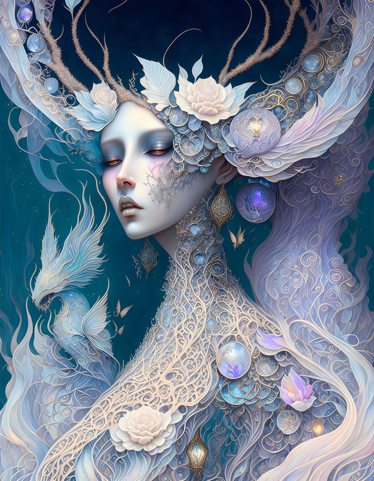 Illustrated ethereal woman with ornate antlers and flowing gown against blue backdrop