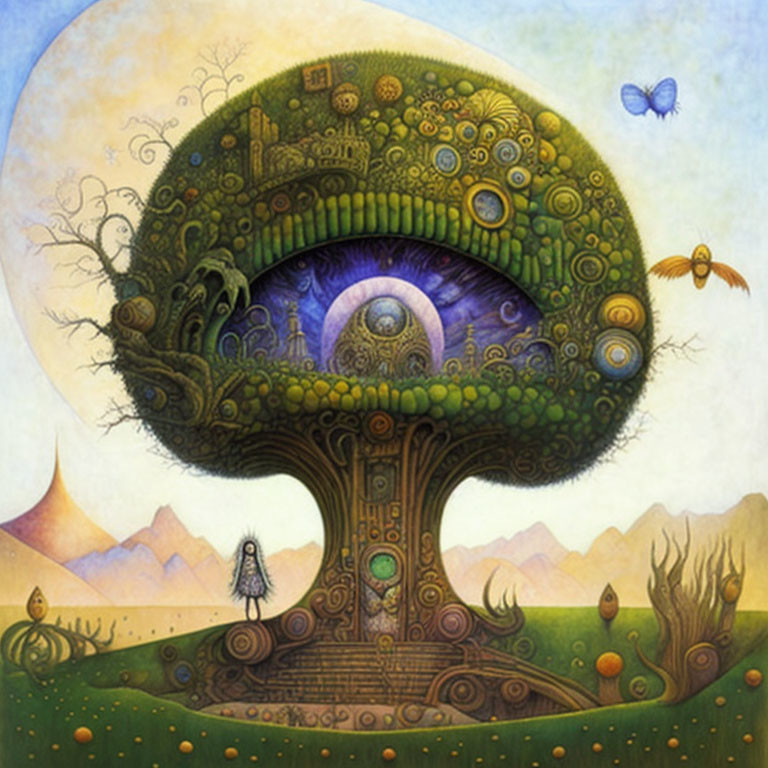 Surreal painting: tree with eye, green canopy, butterflies, oversized moon