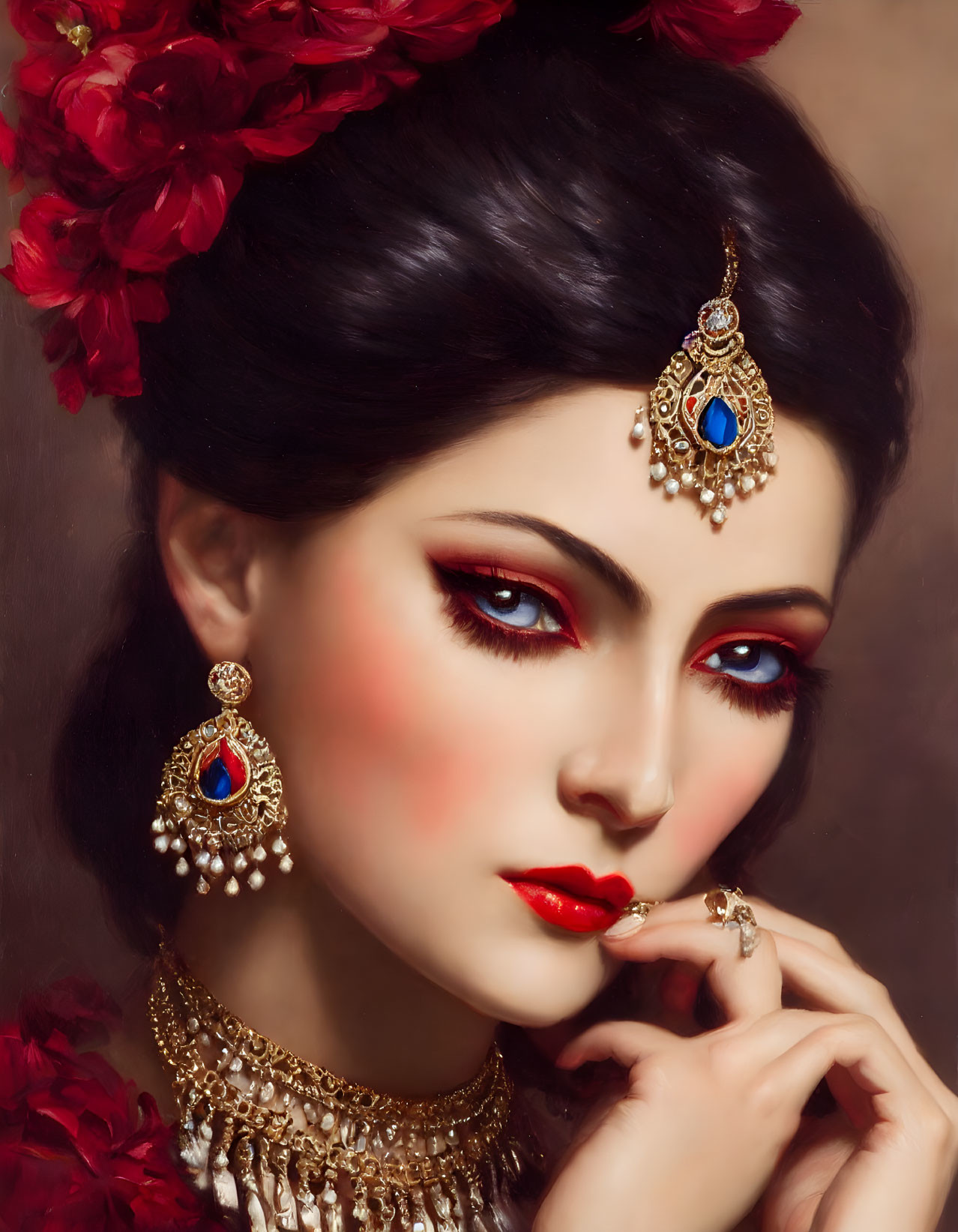 Portrait of woman with red makeup, jewelry, and flowers