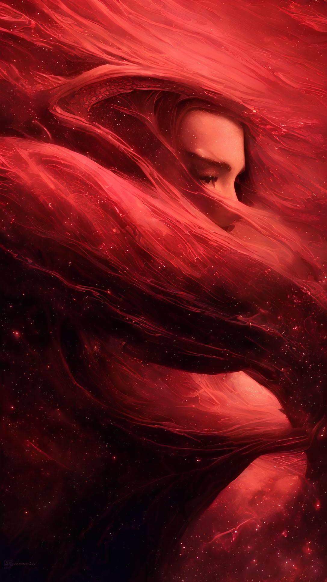 Artistic portrait in swirling crimson and scarlet hues evoking nebulae imagery.