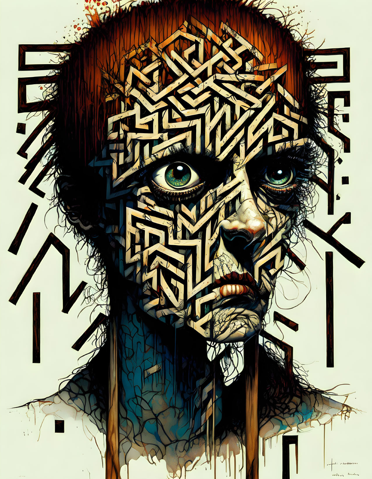 Detailed Graphic Portrait of Woman with Geometric Designs and Blue Eyes