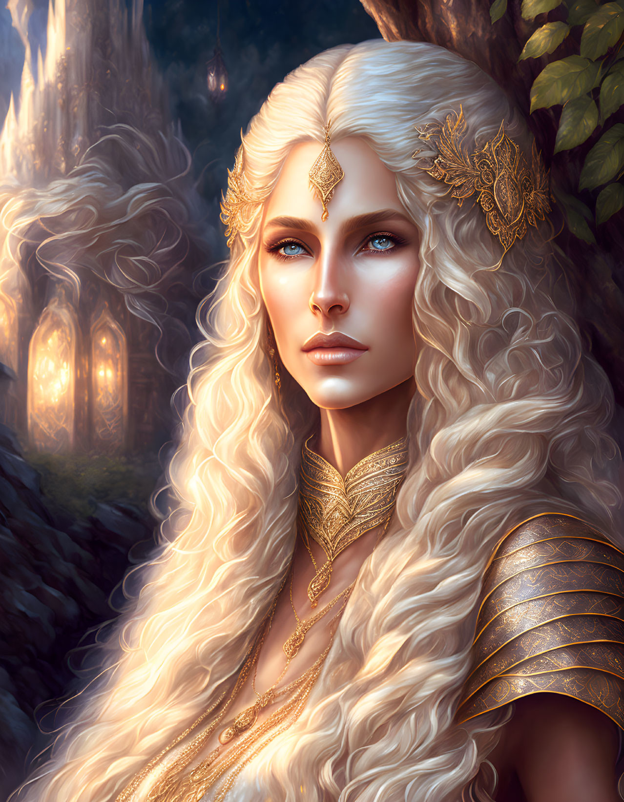 Blonde woman with pointy ears and golden jewelry in fantasy castle setting