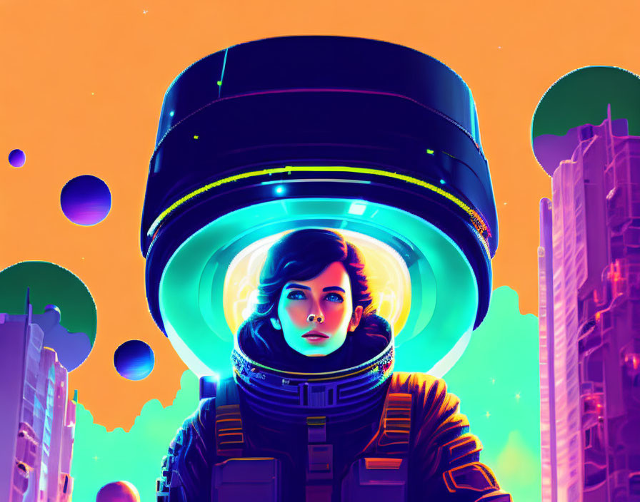 Futuristic female astronaut with glowing collar helmet in neon-lit sci-fi cityscape