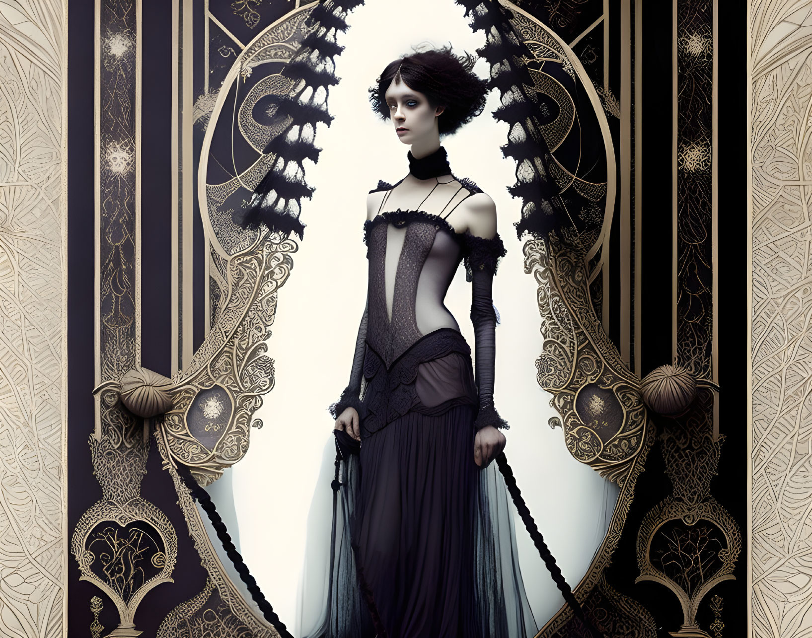 Victorian-style woman in elegant dark dress by ornate art nouveau doorway