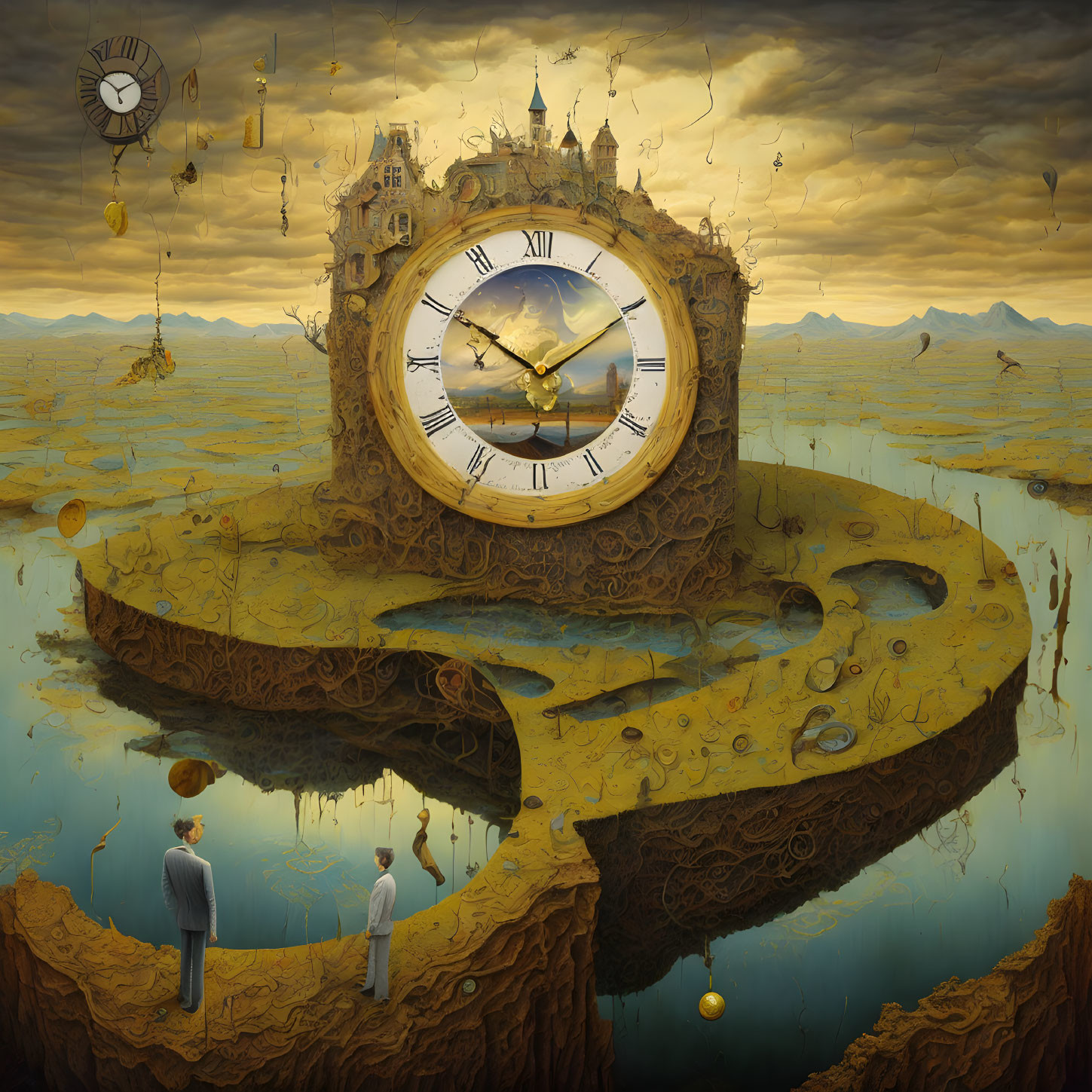 Surreal painting: Clock integrated in landscape with floating elements