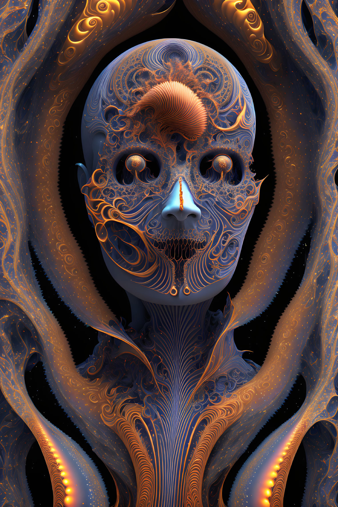 Detailed Fractal-Like Digital Artwork of Face in Blue and Orange