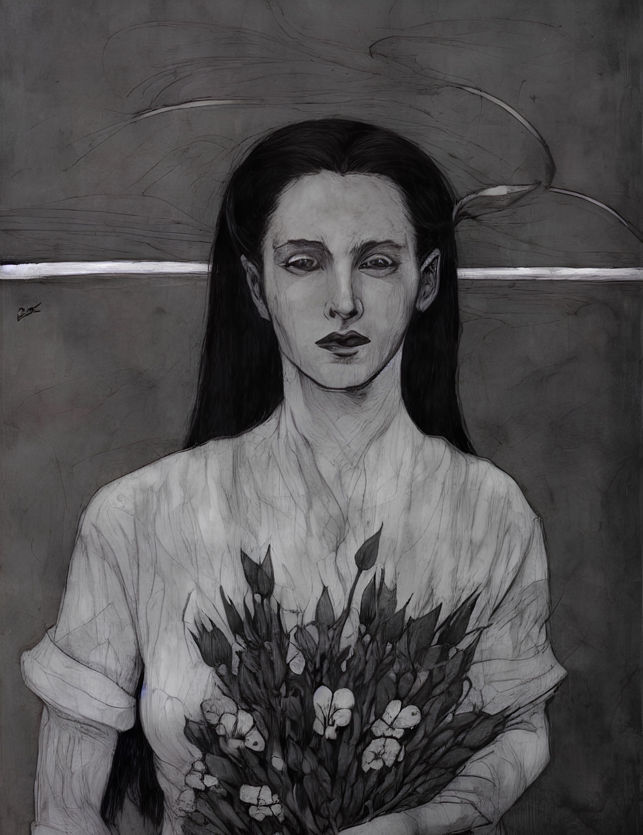 Monochromatic illustration: Woman with dark hair holding bouquet