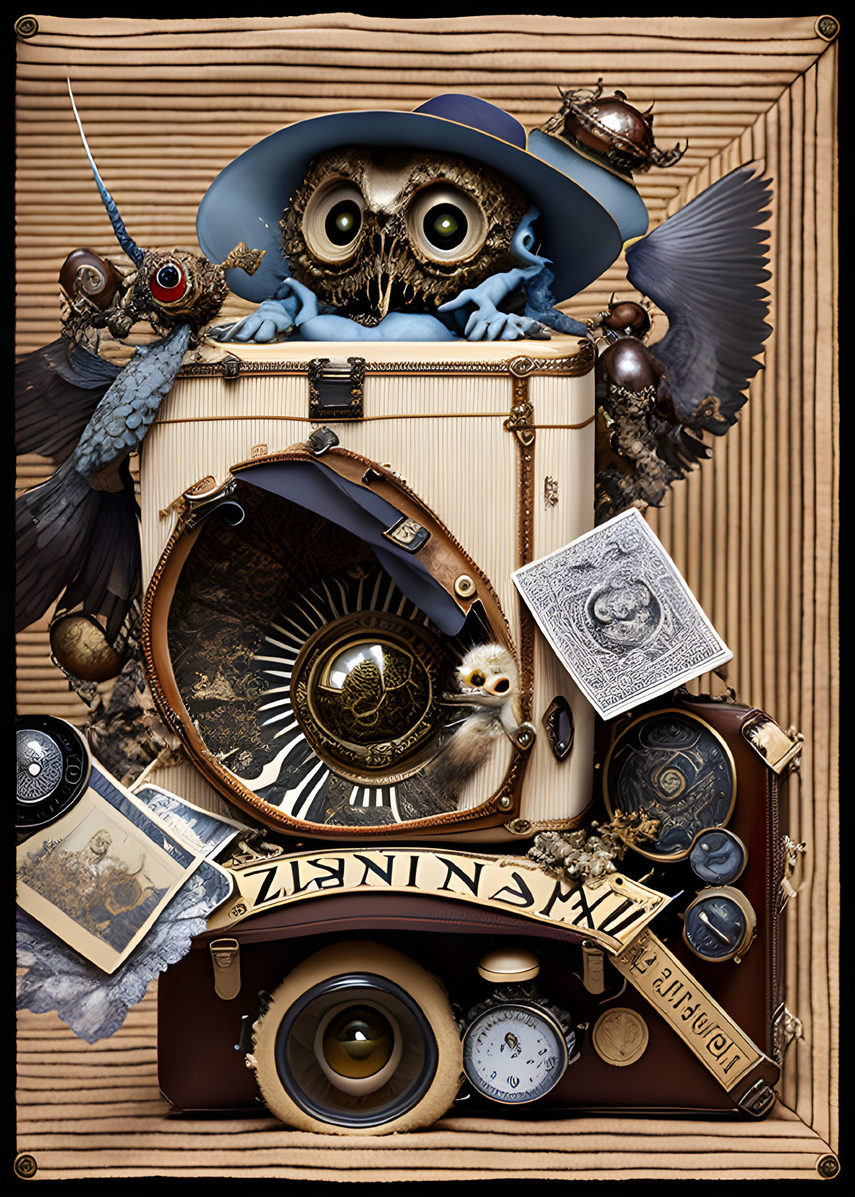 Anthropomorphic owl with suitcase and compass among vintage objects