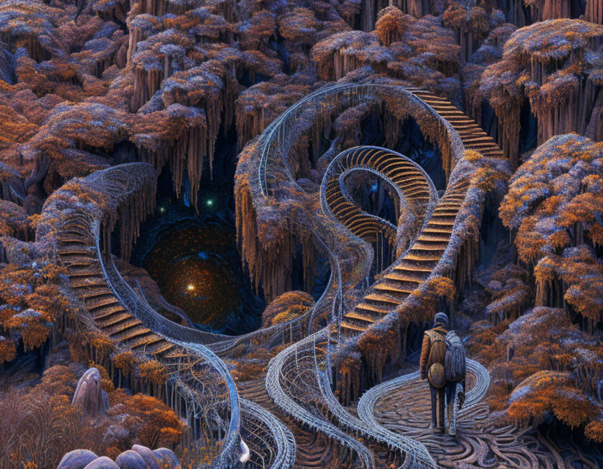 Intricate Spiral Pathways in Orange Forest Landscape