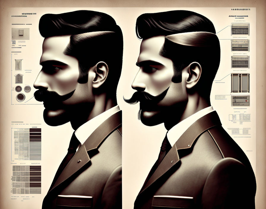 Stylized man with slicked-back hair & large mustache in profile and three-quarter views