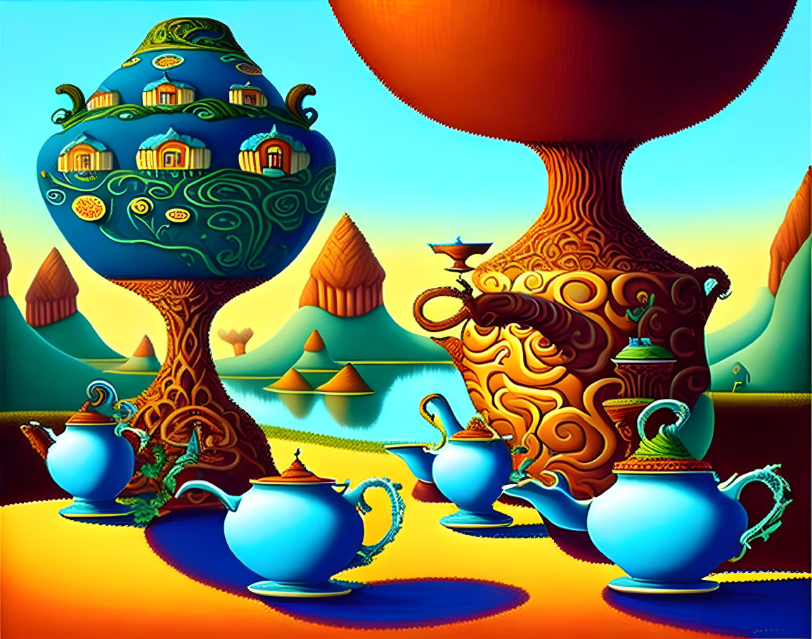 Surreal landscape with teapot and cup structures in warm colors