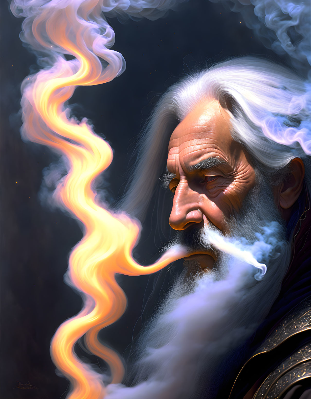 Elderly man exhales fiery dragon smoke on dark background