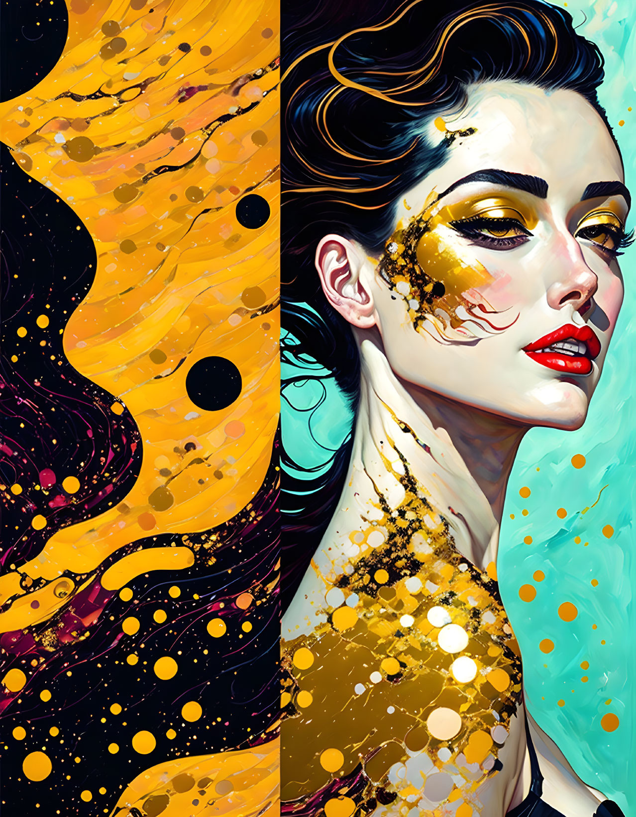 Colorful portrait of a woman with black hair and gold details in cosmic setting