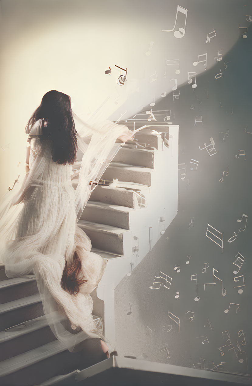 Woman in white dress on piano keyboard staircase with musical notes.