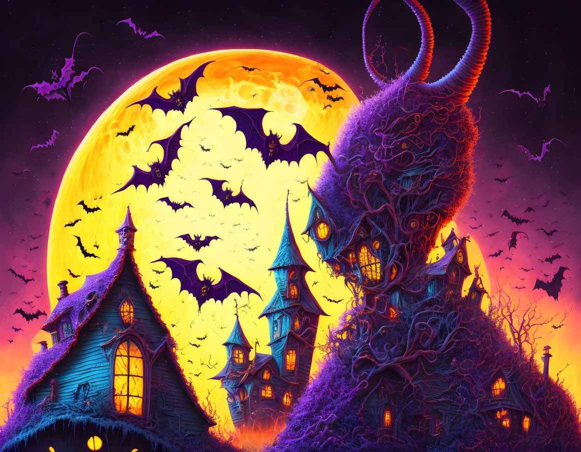 Spooky fantasy scene with yellow moon, bats, haunted houses, and monstrous tree