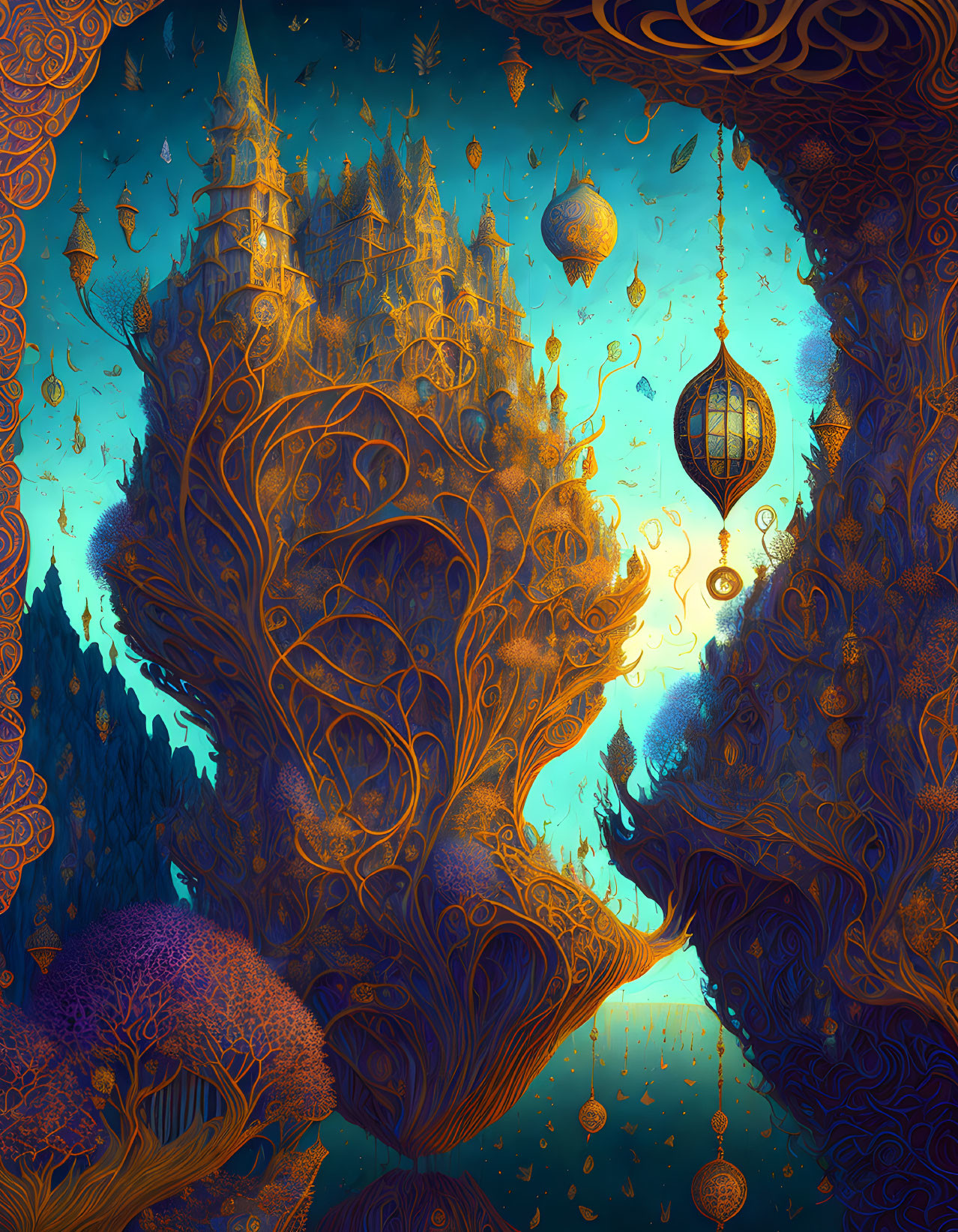 Fantastical tree illustration with castle, hot air balloons, and lanterns