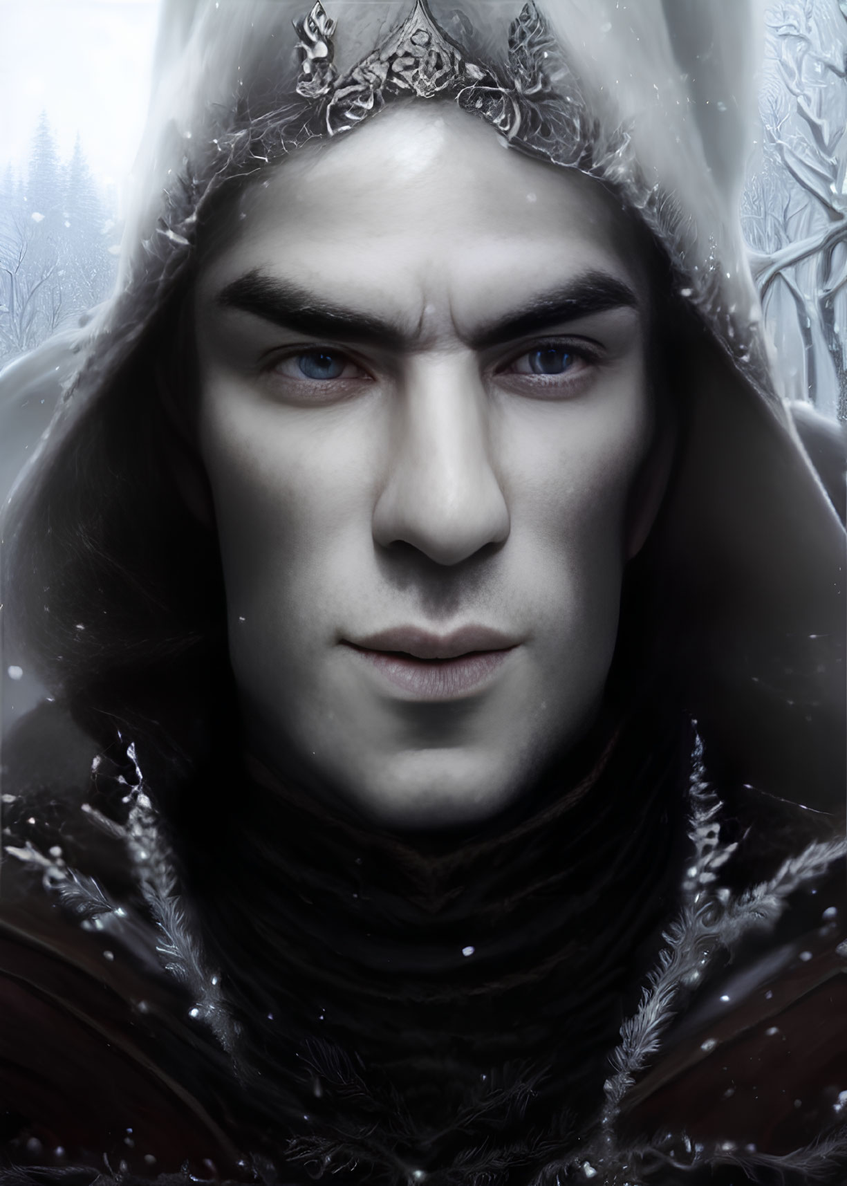 Male fantasy portrait with blue eyes, regal crown, winter cloak, forest backdrop