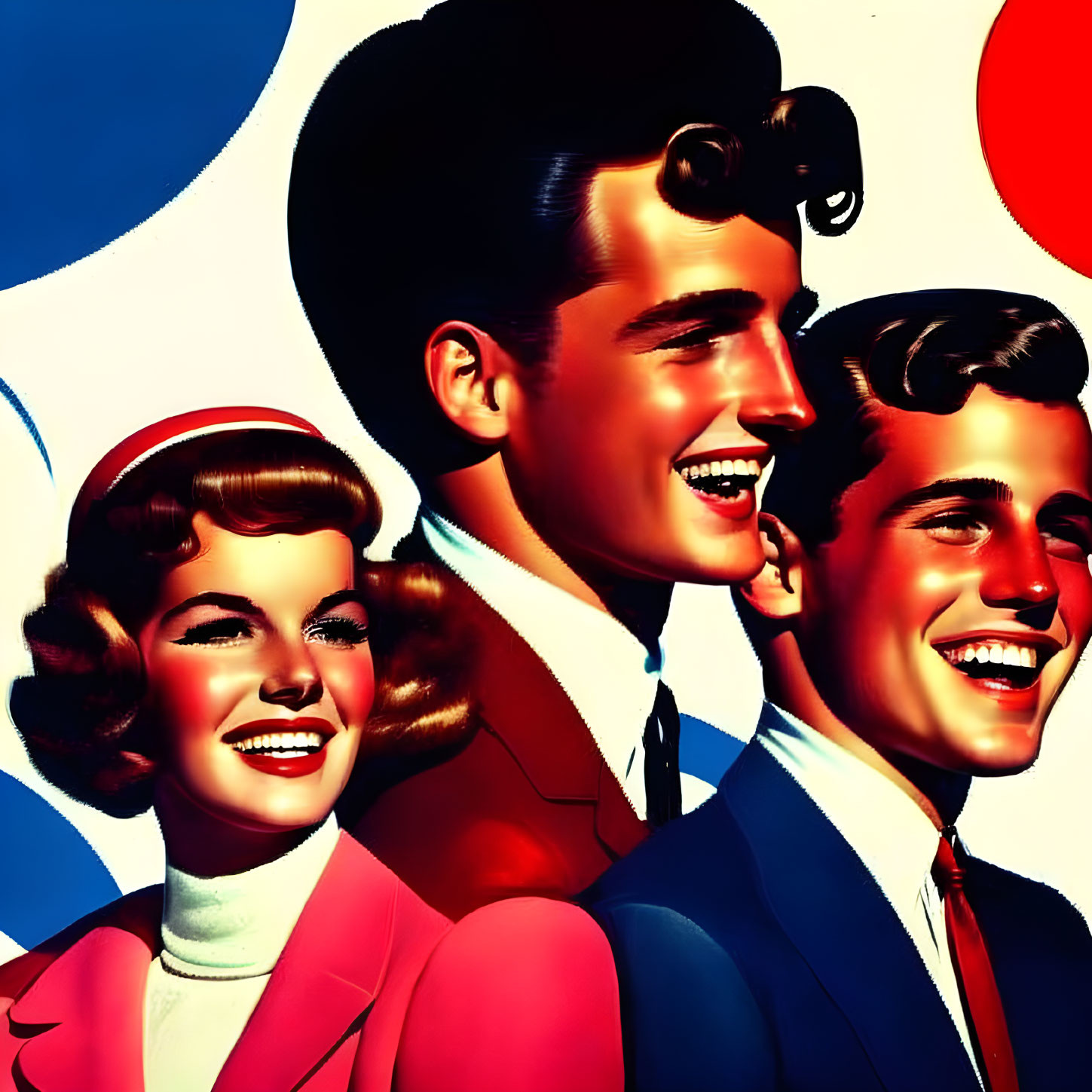 Three individuals in 1950s fashion, vibrant colors, glossy hair - retro illustration.