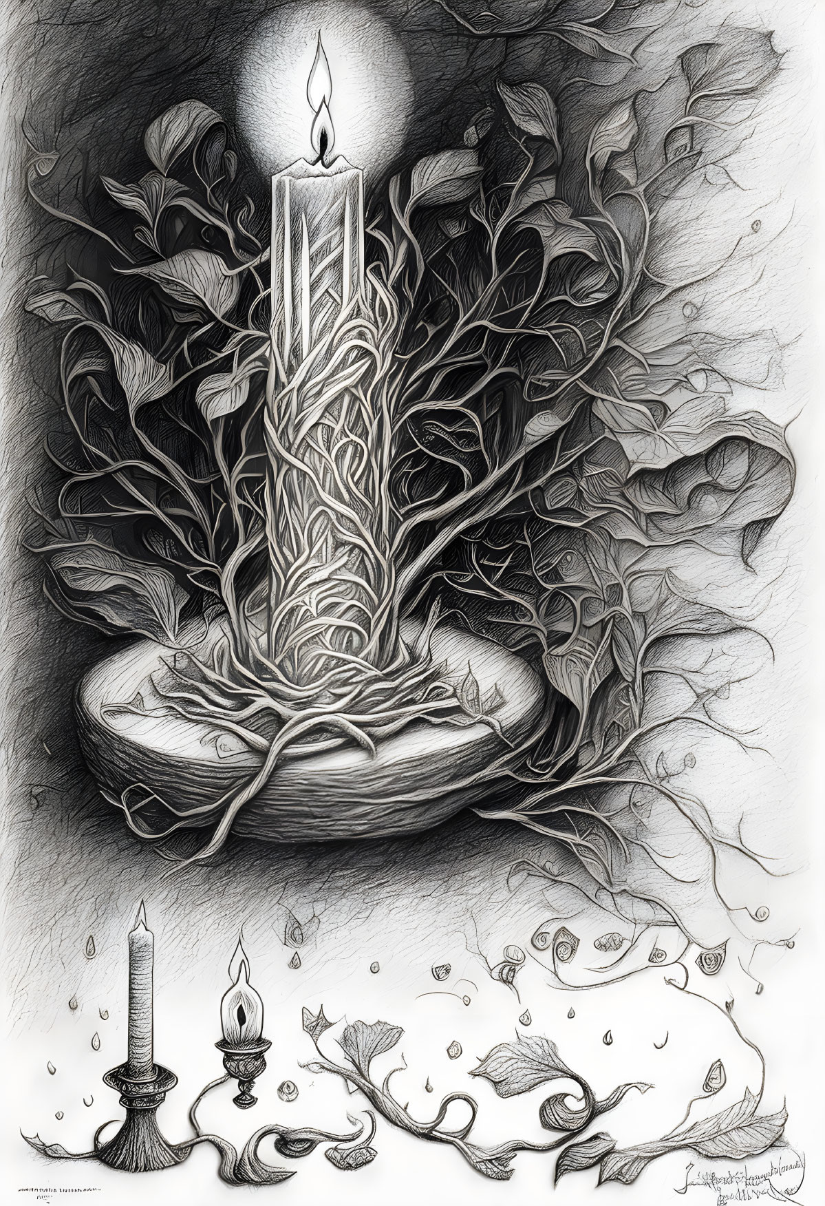 Detailed Monochrome Illustration of Oversized Candle, Vines, Leaves, Lit Candle, and Oil