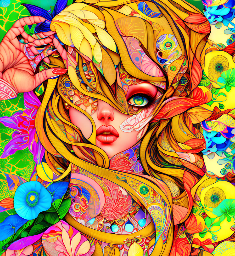 Colorful artwork featuring a woman amid psychedelic patterns and floral motifs