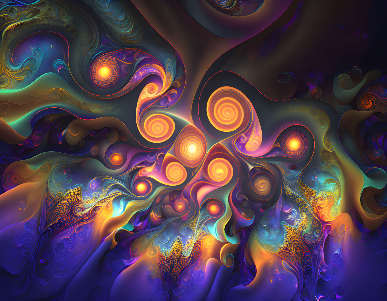 Colorful Fractal Design with Swirling Patterns and Glowing Orbs