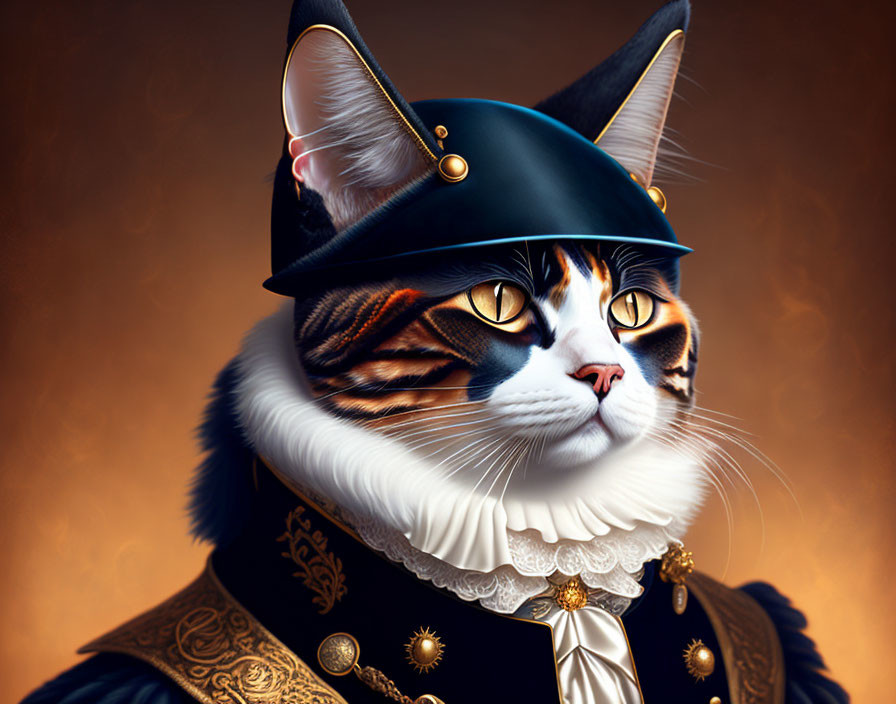 Regal cat in Napoleonic-era uniform with bicorne hat