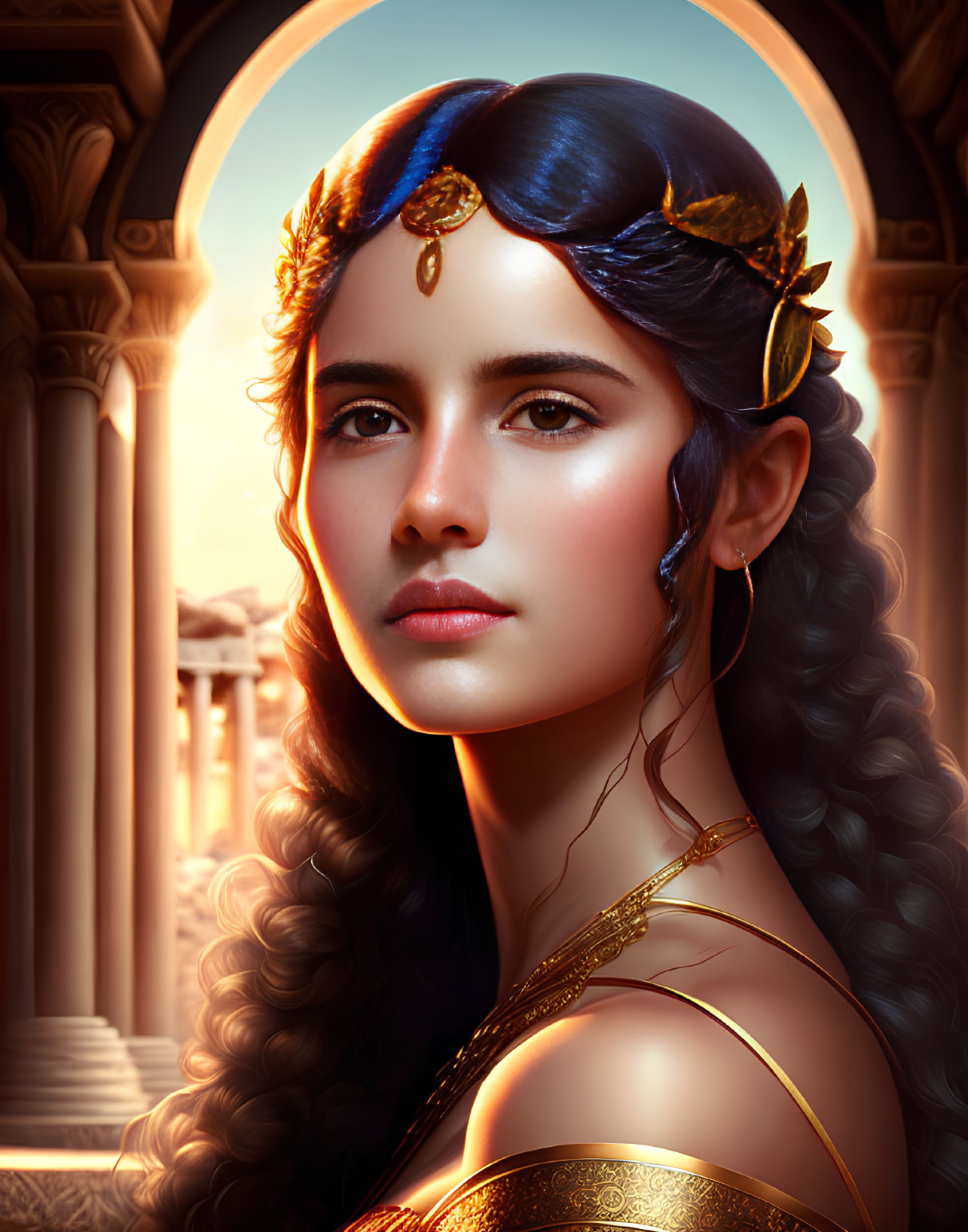 Digital Artwork: Woman with Golden Headpiece & Fantasy Theme