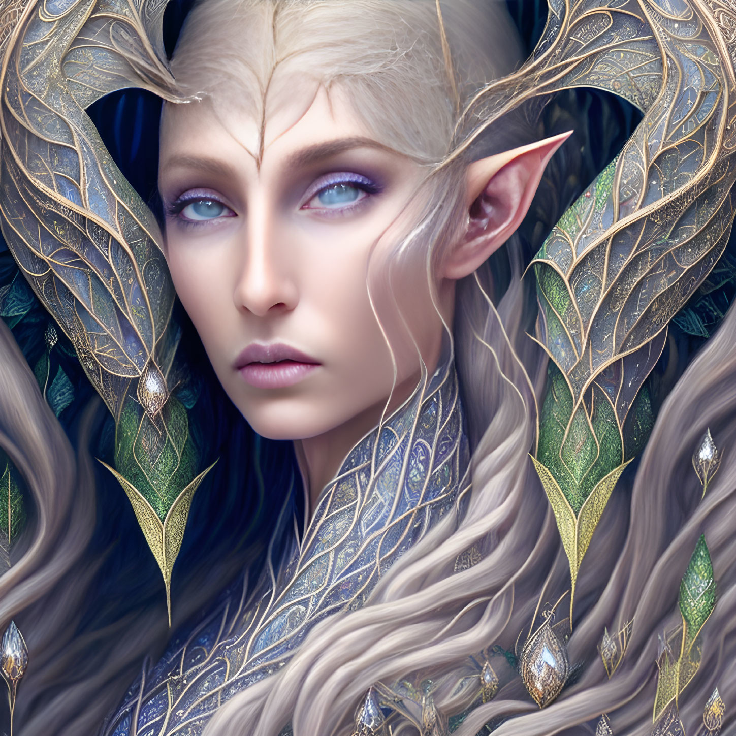 Ethereal elf digital artwork with golden leaf accessories