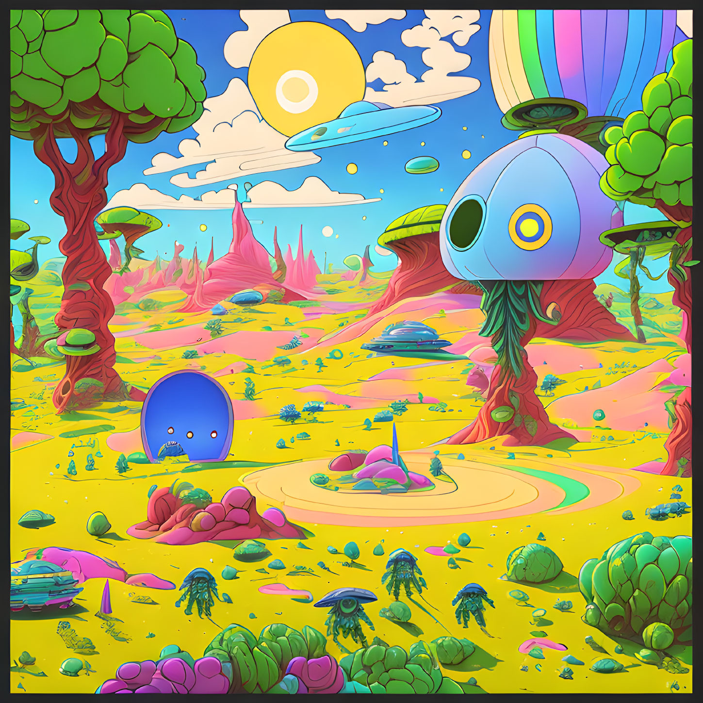 Vibrant alien landscape with blue creature and flying saucer