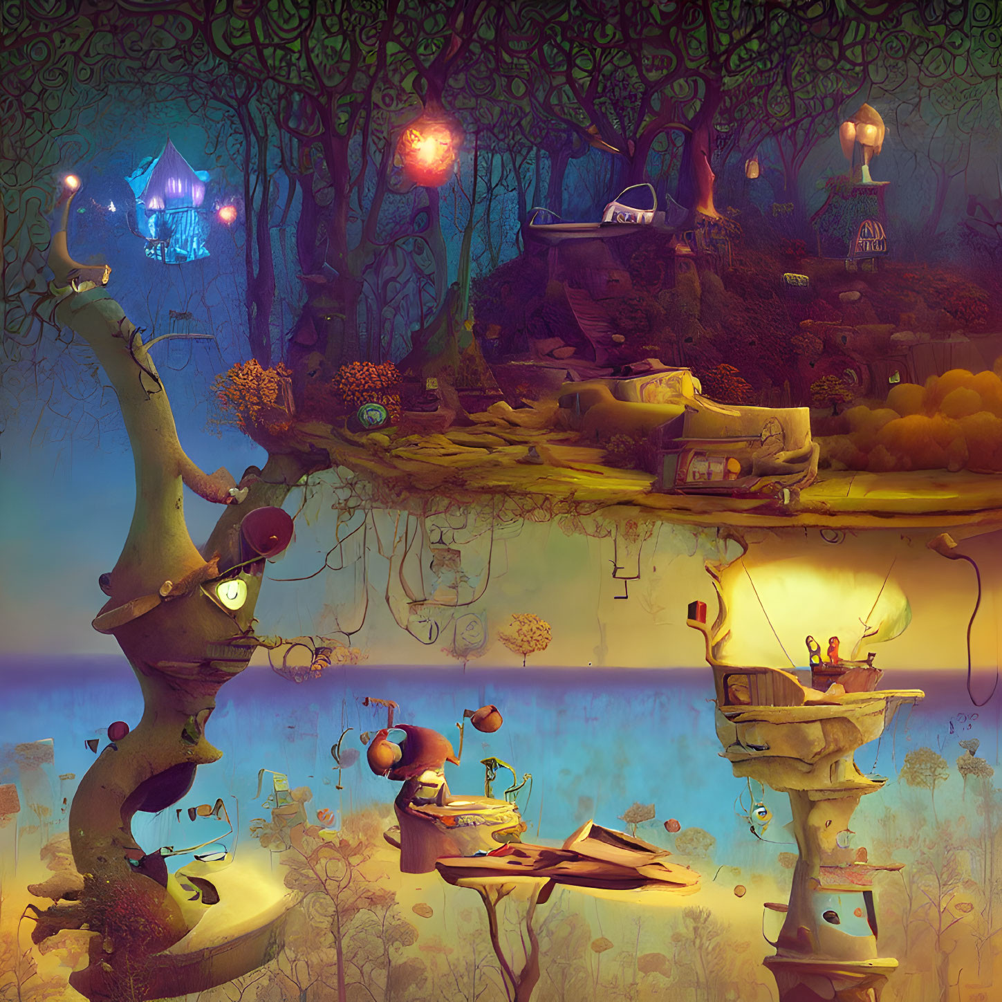 Whimsical art with floating islands, colorful trees, magical houses, and lanterns