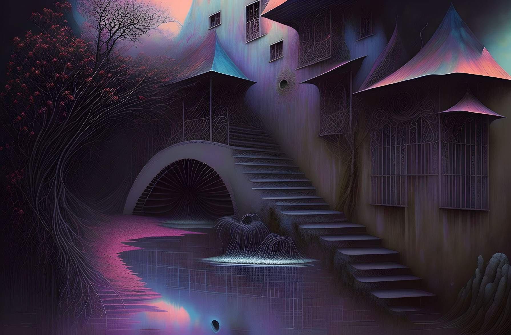 Purple-Toned Surreal Digital Artwork with Whimsical Architecture