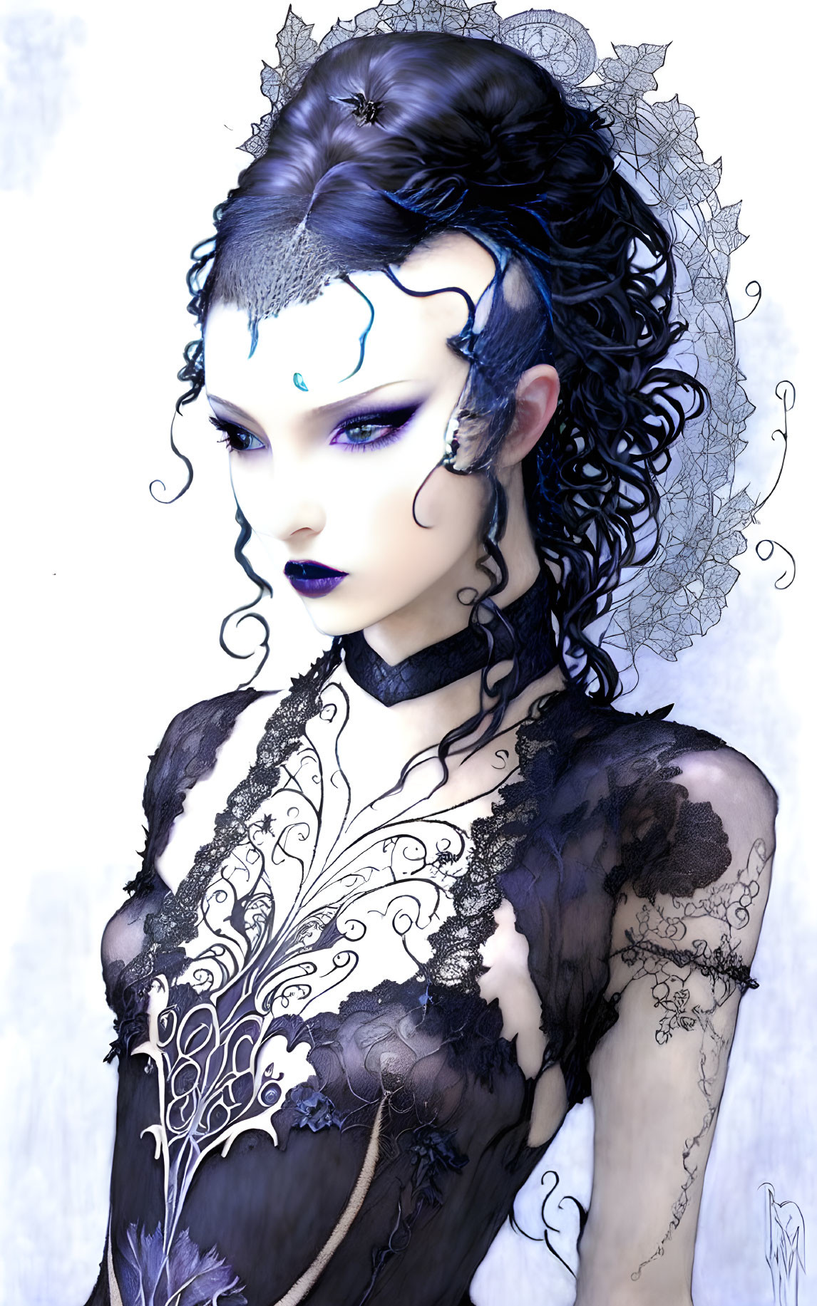 Fantasy creature with pale skin, dark hair, black lace attire, silver headdress, purple makeup