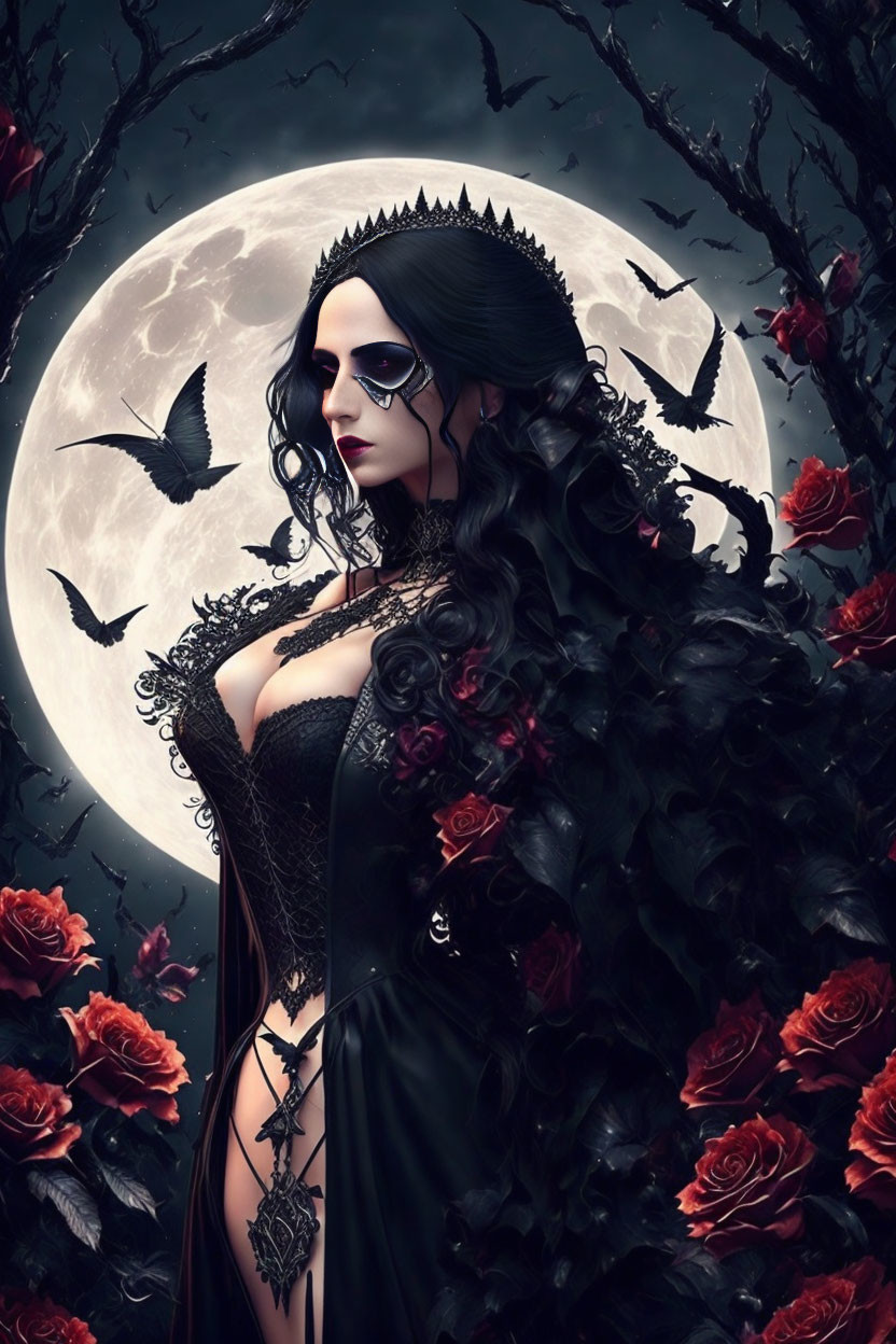 Gothic woman in black dress under full moon with bats