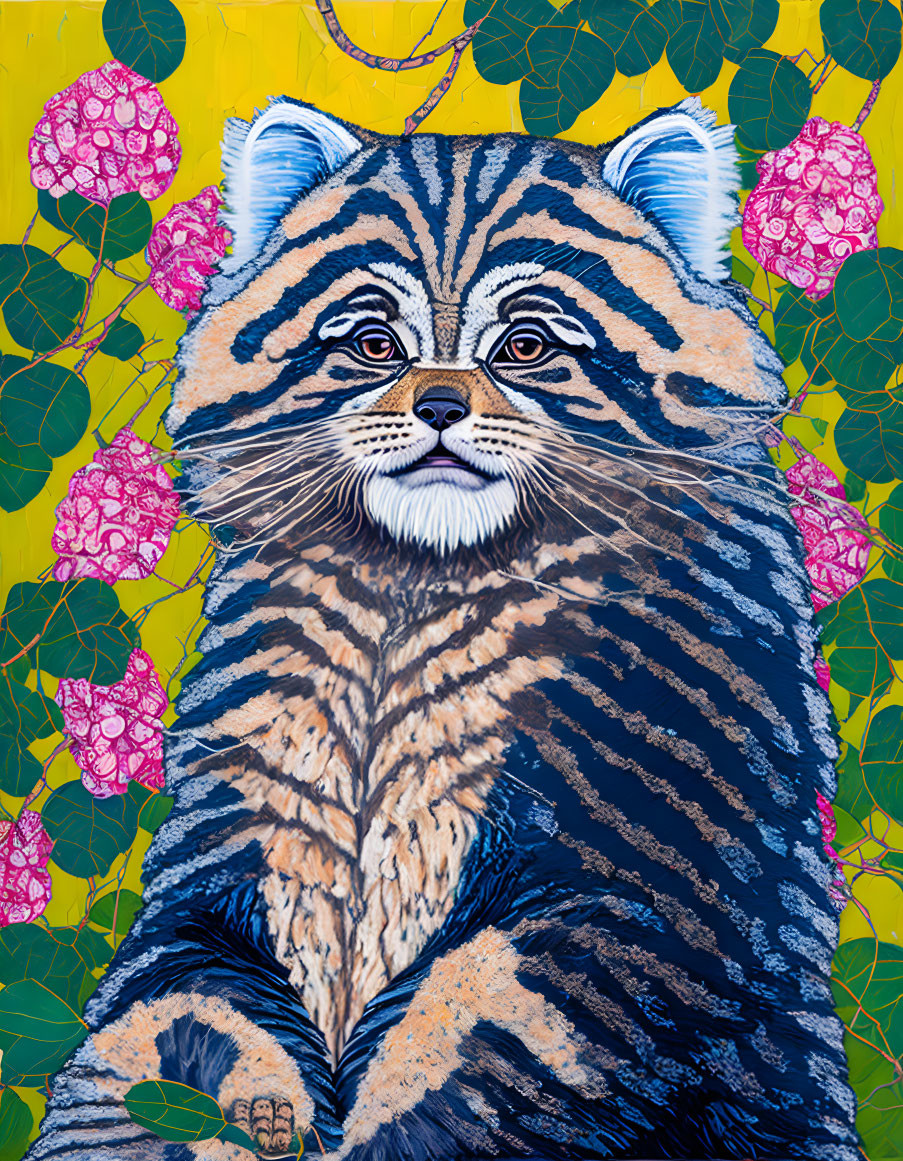 Colorful Tiger Artwork on Yellow Background with Pink Flowers