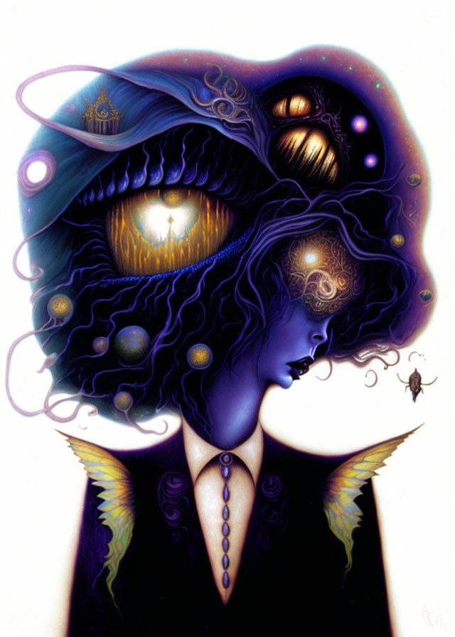 Surreal portrait with multiple eyes, intricate patterns, celestial bodies, and cosmic colors.