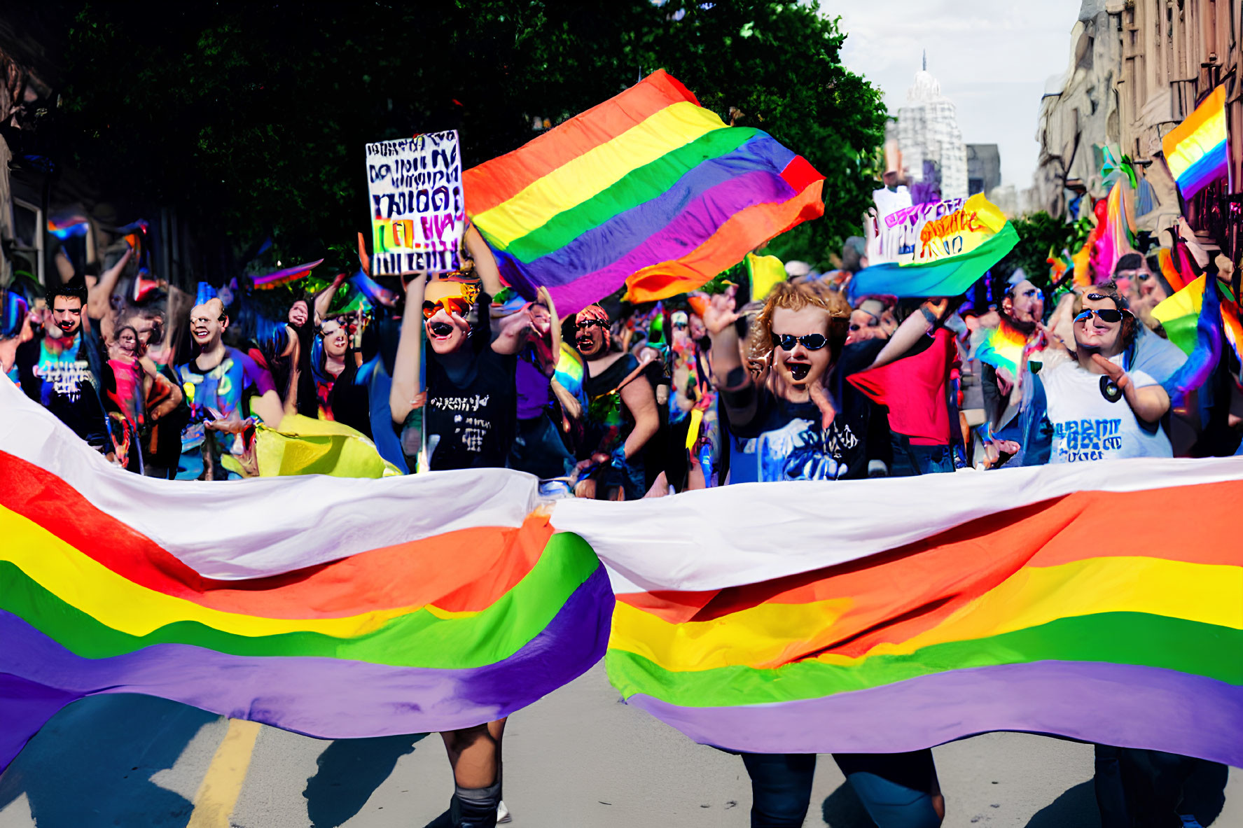 Colorful LGBTQ+ Pride Parade with Rainbow Flags and Celebration Signs