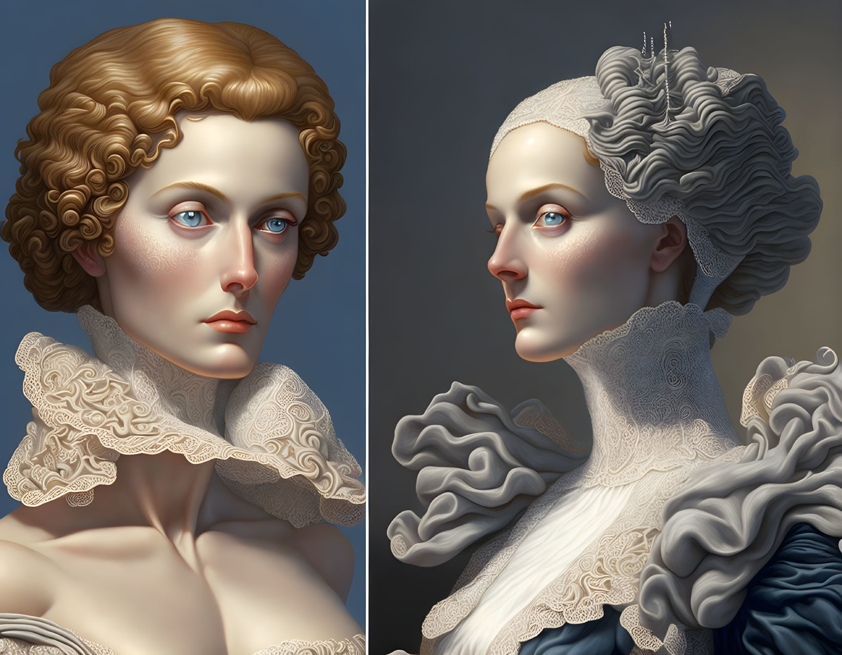 Regal portraits of a man and a woman with elaborate collars and styled hair