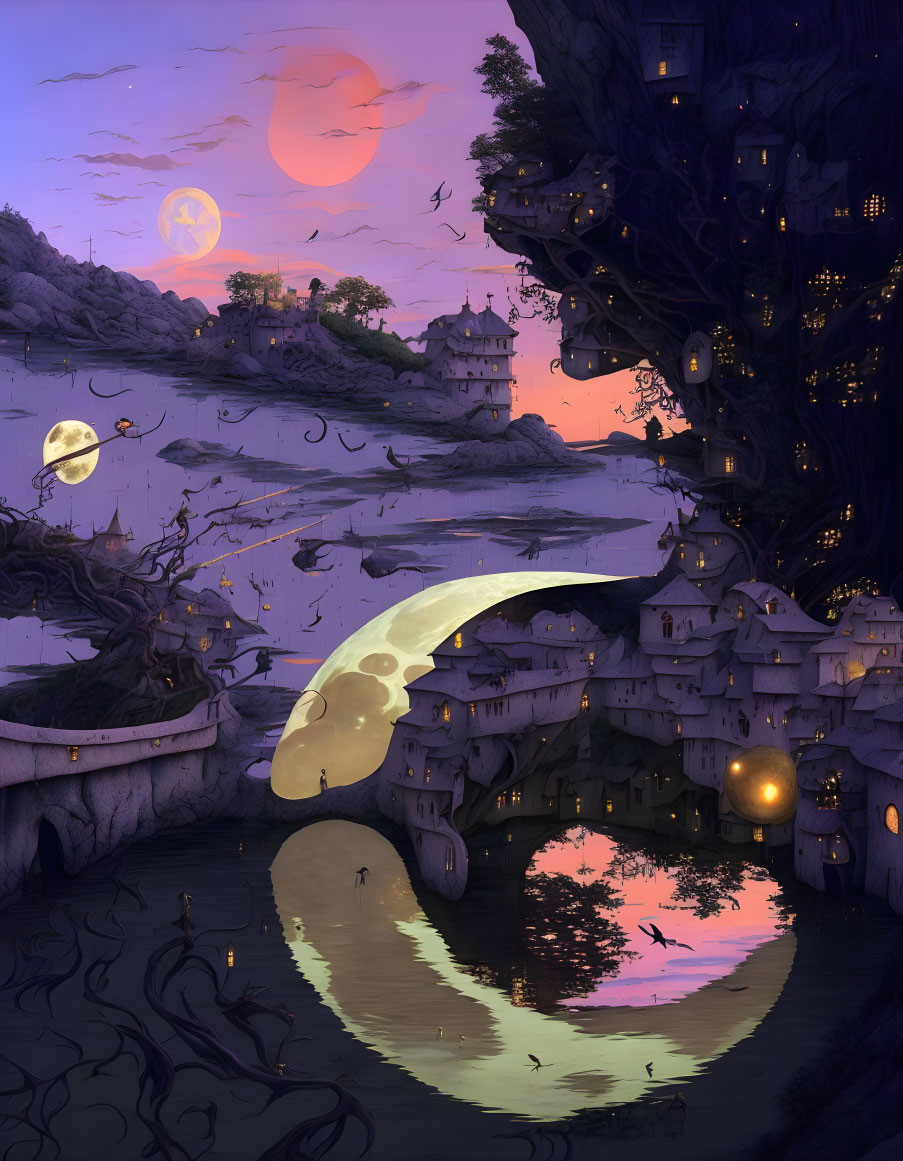 Twilight landscape with large moon, illuminated treehouses, reflective river