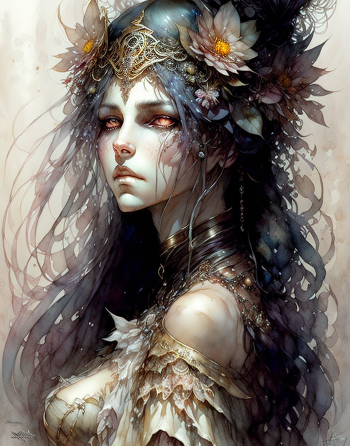 Pale-skinned female figure with red eyes and dark hair in a golden tiara, surrounded by flowers