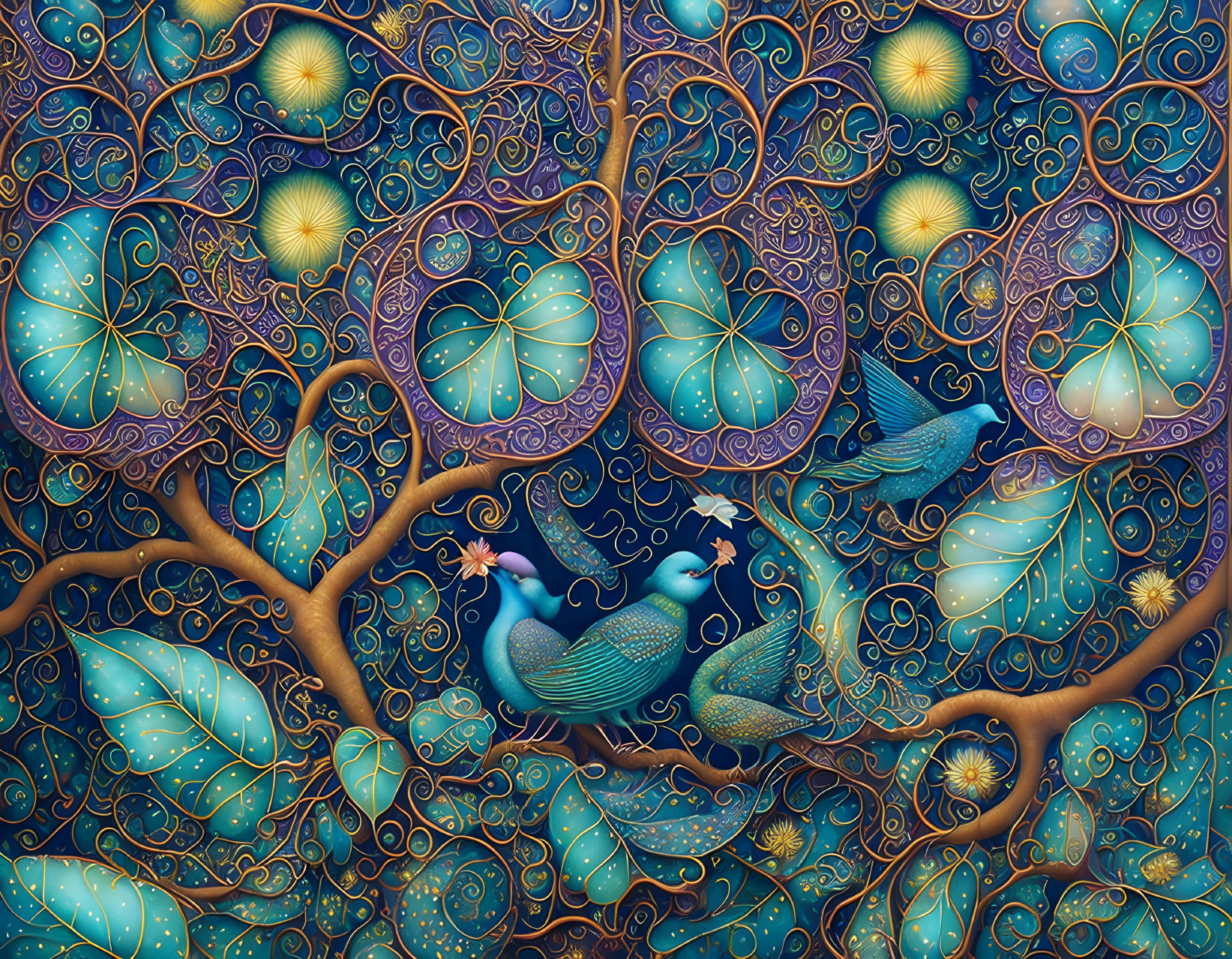 Colorful artwork featuring peacocks and a fantastical tree in blue and gold.