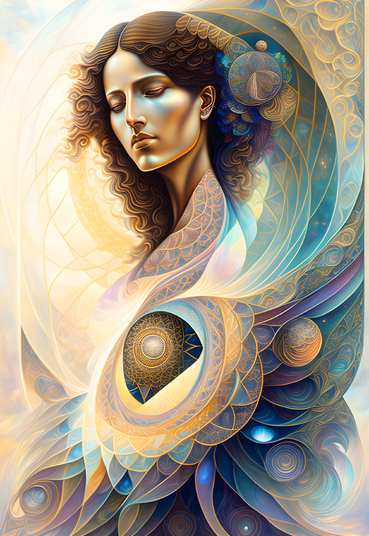 Vibrant surreal portrait with celestial patterns and Art Nouveau elements