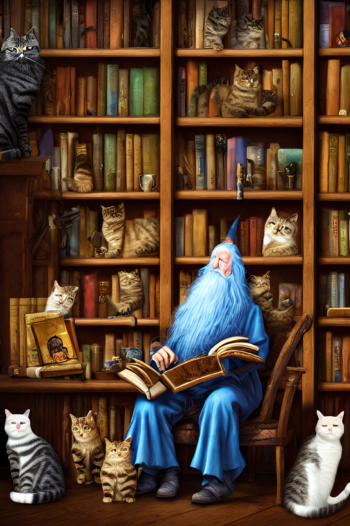 Wizard in Blue Robes Surrounded by Cats in Library Full of Books