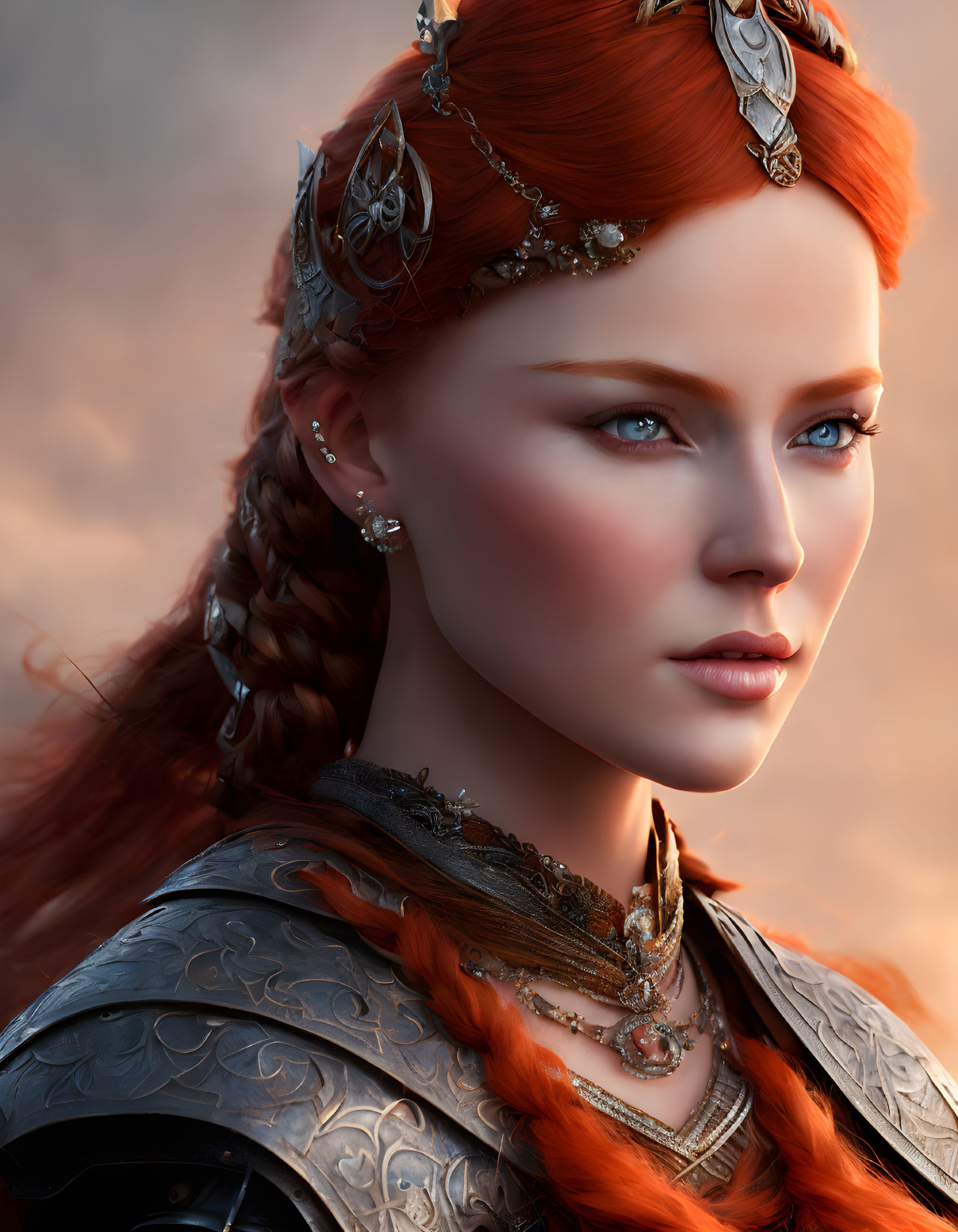 Digital portrait of woman with red braided hair, silver headpieces, blue eyes, and ornate