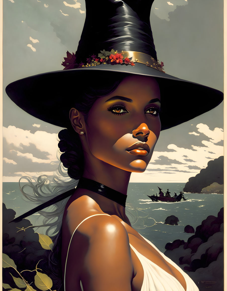 Stylized portrait of a woman in witch's hat with flowers, coastal background